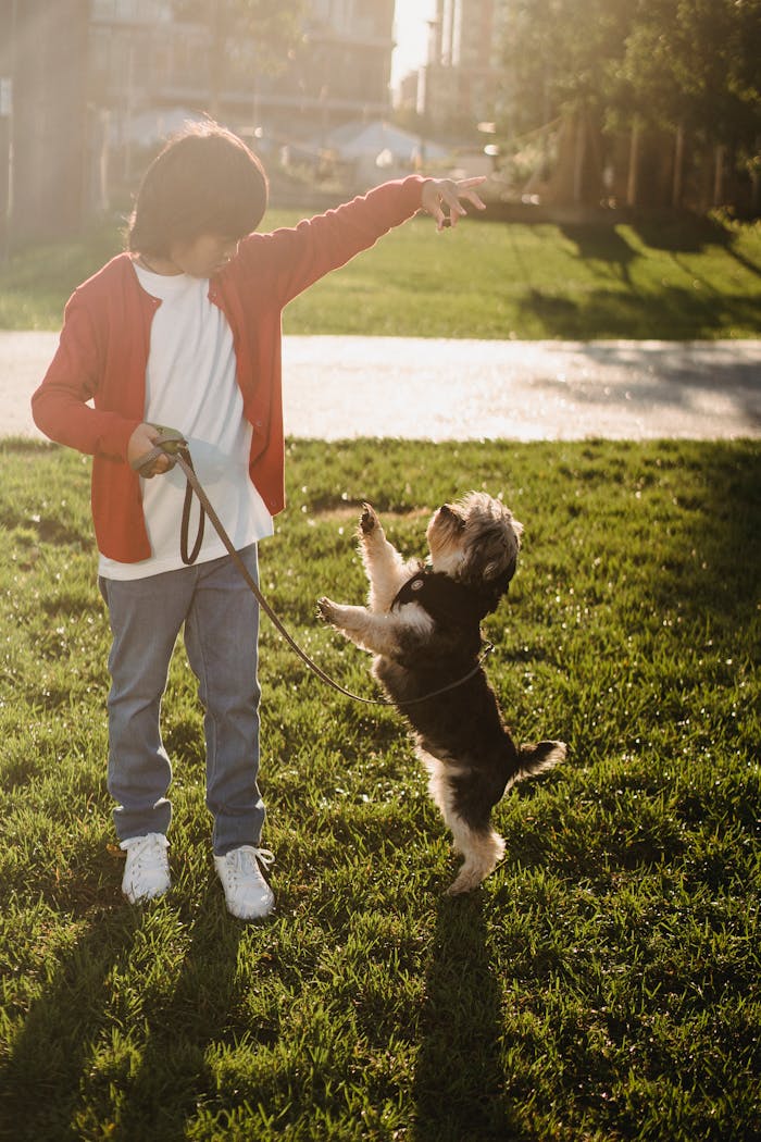 A young boy trains his Yorkshire Terrier dog in a sunlit park, capturing a playful moment.